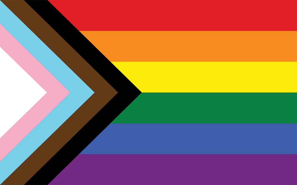 Progress Pride Flag, six stripe rainbow design (red, orange, yellow, green, blue, violet), variation adds a chevron along the hoist that features black, brown, light blue, pink, white stripes, LGBTQ+