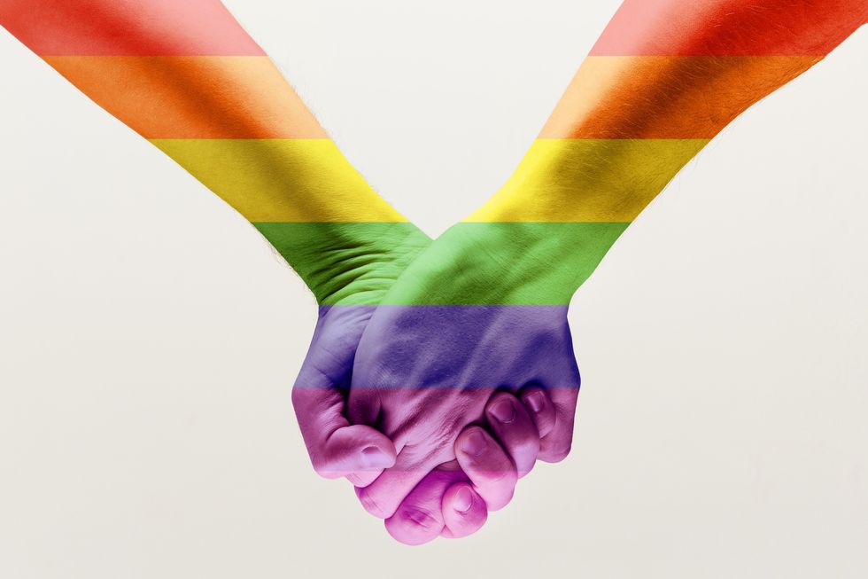 Right to choose your own way. loseup shot of a gay couple holding hands, patterned as the rainbow flag isolated on white studio background. Concept of LGBT, activism, community and freedom.