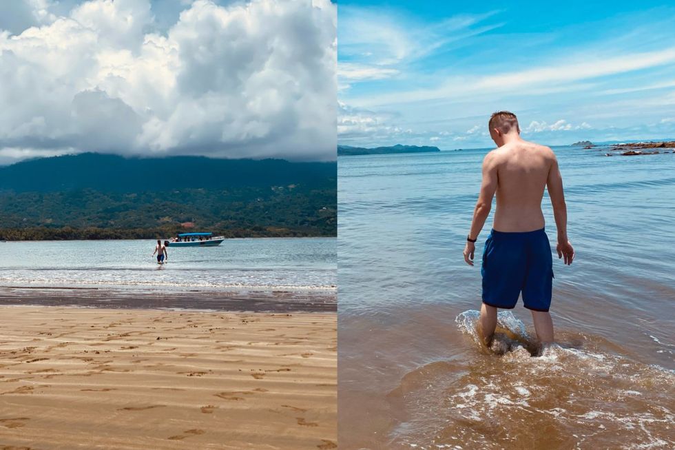 Swimming in the warm waters of the Whale's Tail isthmus at Marino Bellana National Park in Costa Rica