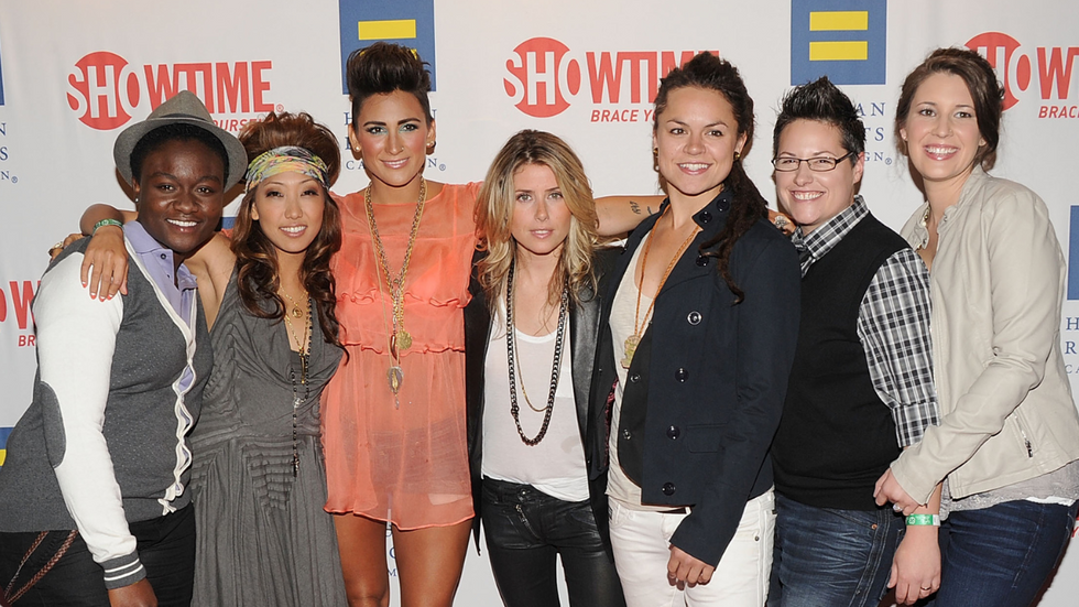 The Cast of "The Real L Word": Sajdah Golde, Francine Beppu, Romi Imbelli-Haven, Claire Campbell Moseley, Whitney Mixter, Kacy Boccumini, and Cori McGinn