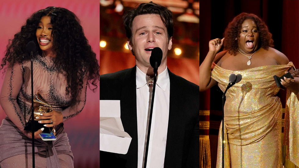 Three celebrities on stage accepting awards: SZA at the 2024 Grammy Awards, Jonathan Groff at the 2024 Tony Awards and Alex Newell at the 2023 Tony Awards.