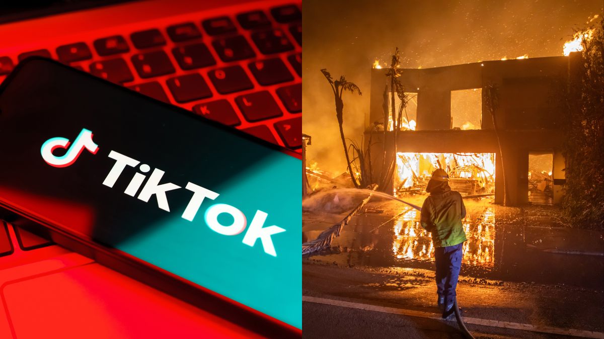 TikTok logo on a cell phone and a firefighter fighting the Palisades Fire