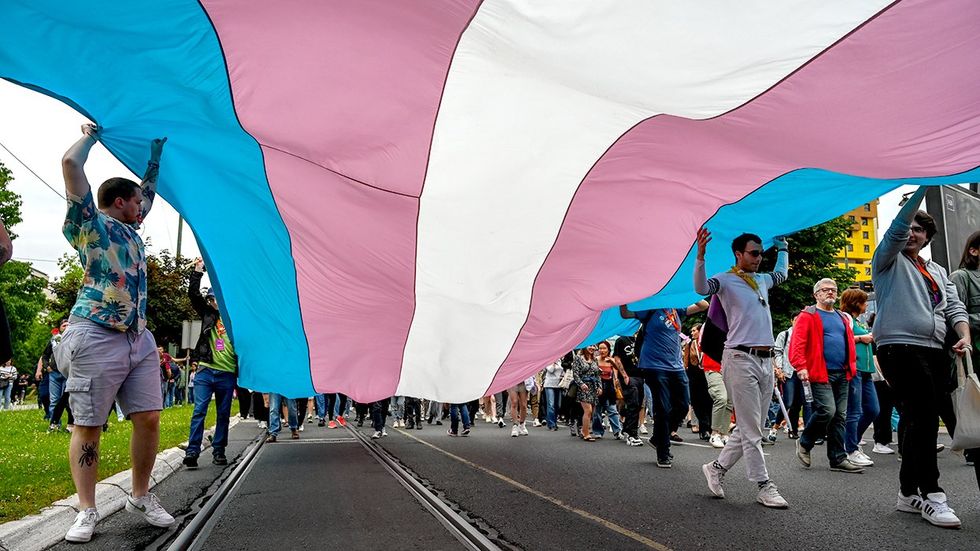 transgender flag giant billowing LGBTQ parade many people carrying