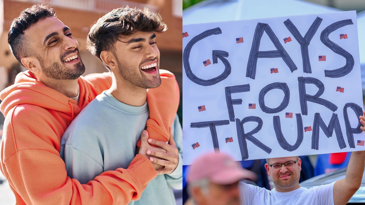 Two gay men laughing and a man holding a Gays For Trump sign