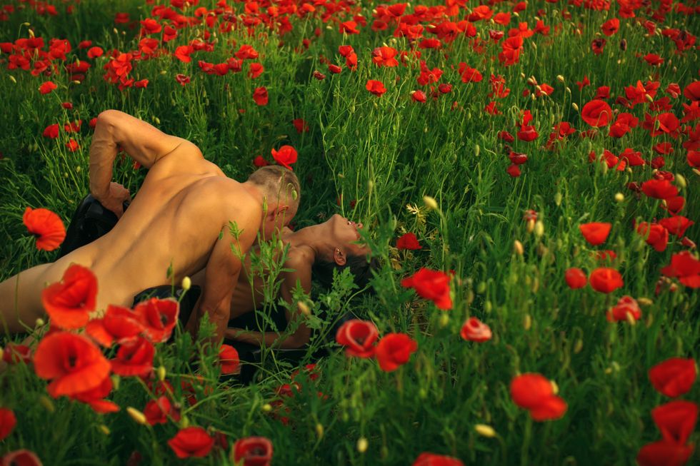 two men having sex in a field of flowers