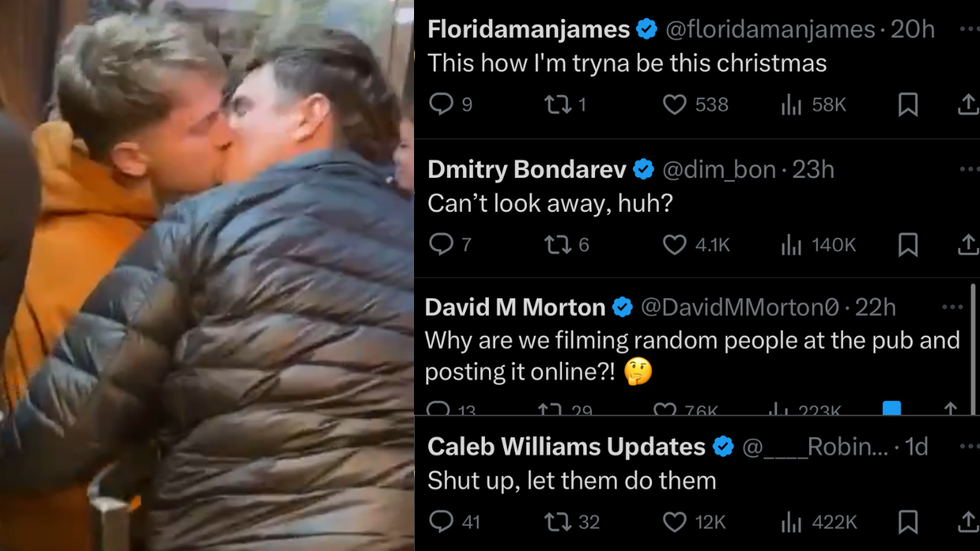 Two men kissing at a bar next to four different internet posts calling out the person who had taken the video of two strangers making out at a bar. They read, "This is how I'm tryna be this christmas," "Can't look away, huh?", "Why are we filming random people at the pub and posting it online?!", and "Shut up, let them do them."