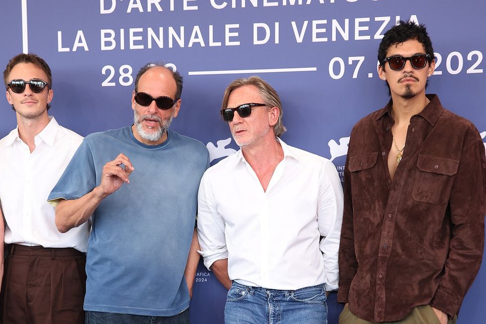 VENICE, ITALY - SEPTEMBER 03: (L-R) Drew Starkey, Luca Guadagnino, Daniel Craig, and Omar Apollo attend the "Queer" photocall during the 81st Venice International Film Festival at Palazzo del Casino on September 03, 2024 in Venice, Italy.