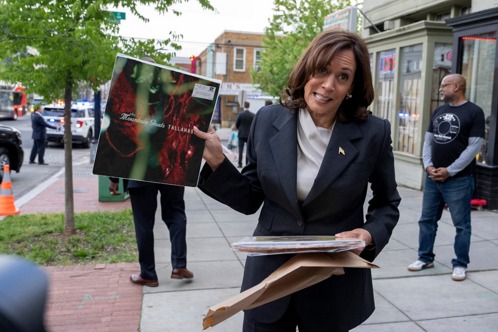 Vice President Kamala Harris holding a vinyl copy of "Tallahasee" by The Mountain Goats