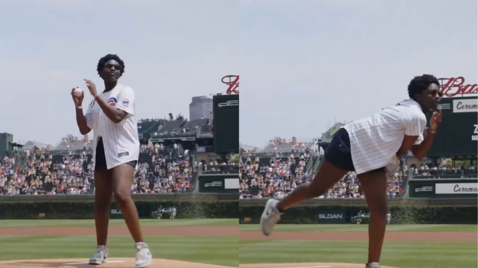 Zaya Wade, a 17-year-old Black trans girl, throwing the first pitch at Wrigley Stadium in Chicago. It is a diptych, the first image Zaya is winding up to throw, and the second one she has release the ball. She has tight, coily hair in a small afro, and she is wearing a white t-shirt under a Cubs jersey, black jean shorts, and white Nike sneakers.